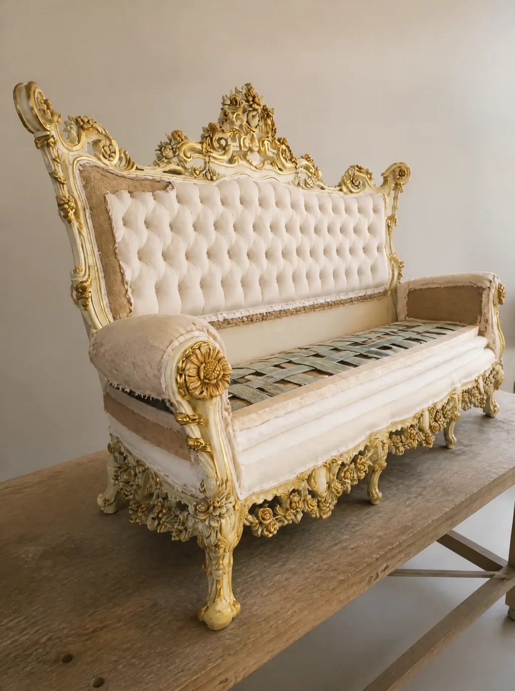Barocksofa in Weiss und Gold: Polsterarbeit in der Werkstatt der Egora Polsterei