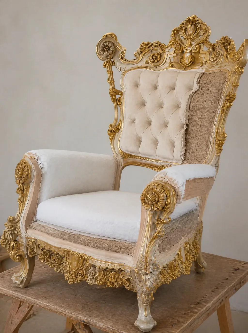 Barock-Thronsessel und Kopfteil in Weiss und Gold: Polsterarbeit in der Werkstatt der Egora Polsterei