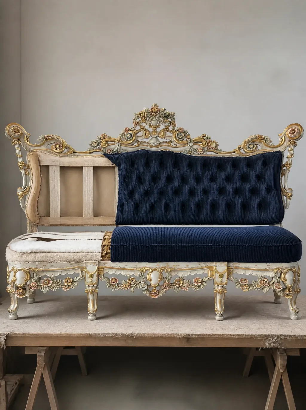 Barocksofa in dunkelblauem Cord: Polsterarbeit in der Werkstatt der Egora Polsterei