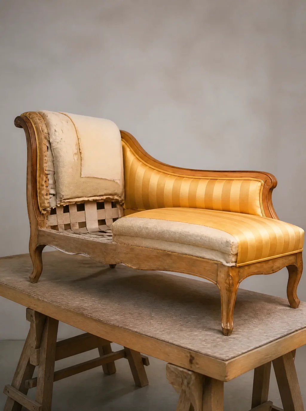 Chaiselongue in goldfarbenem Satin gestreift: Polsterarbeit in der Werkstatt der Egora Polsterei