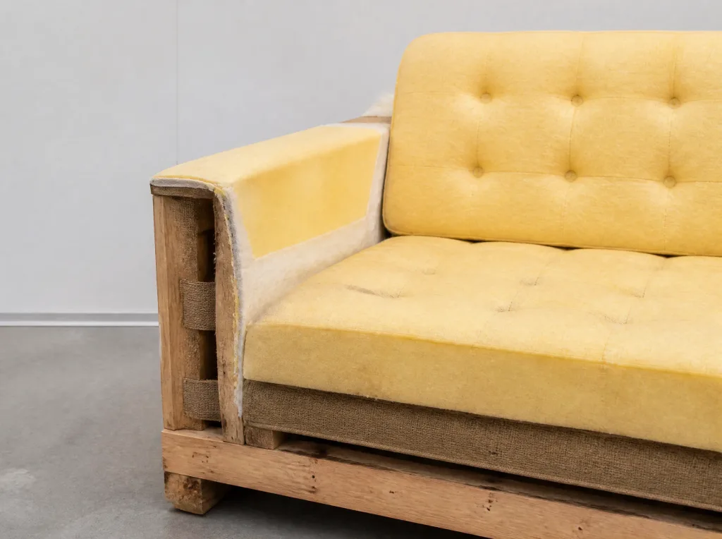 Sofa in Gelb mit neuer Schaumstoffpolsterung: Polsterarbeit in der Werkstatt der Egora Polsterei