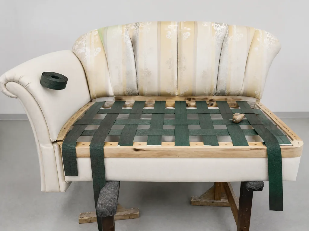 Gestreiftes Sofa mit grünem Gurtband: Polsterarbeit in der Werkstatt der Egora Polsterei