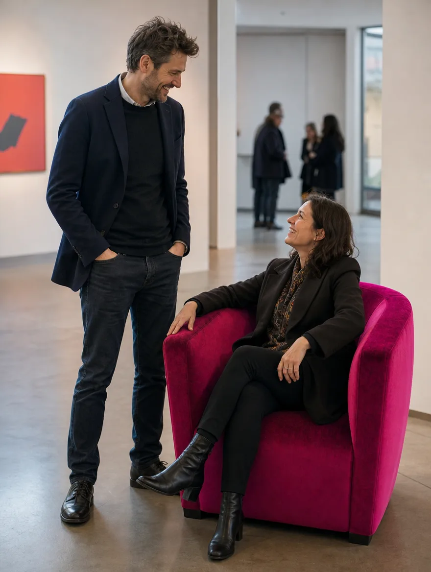 Cocktailsessel in fuchsiafarbenem Samt im Galerie-Foyer, zwei Gäste unterhalten sich: Sessel neu beziehen