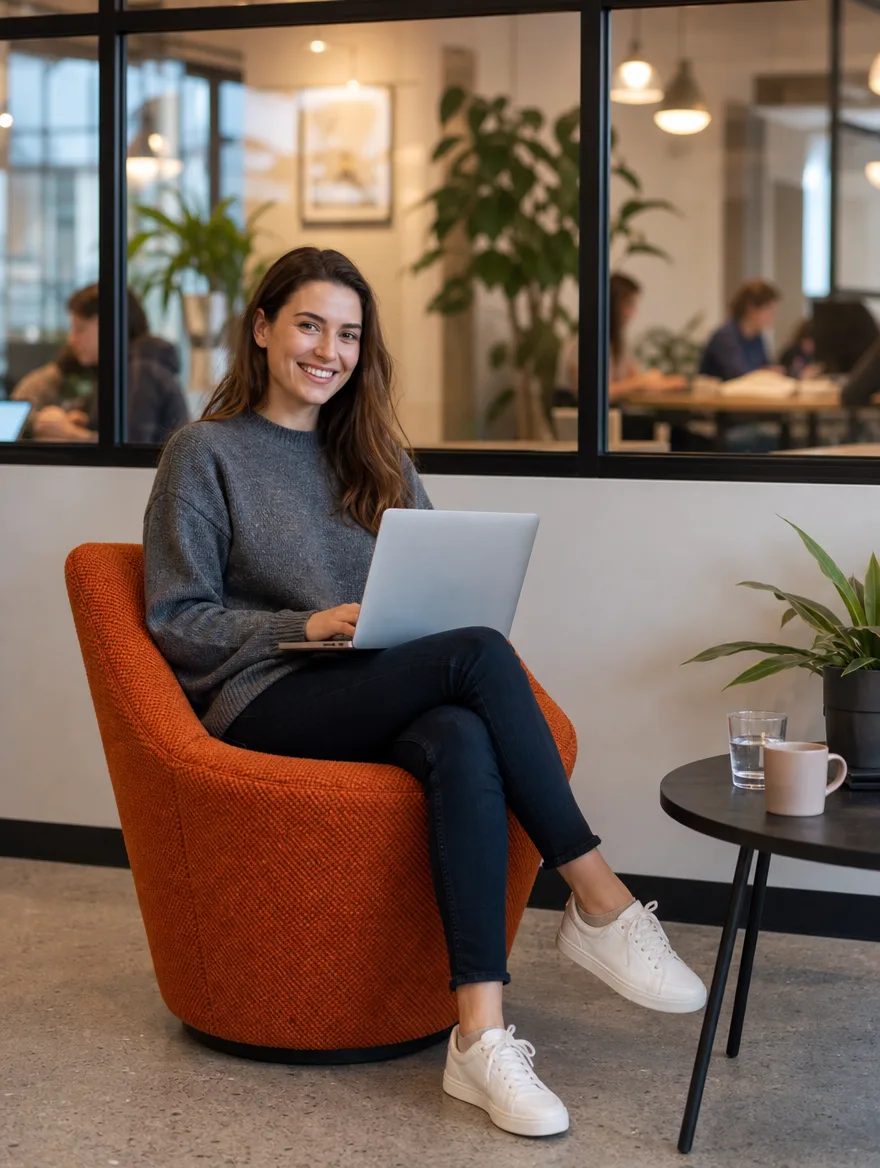 Drehbare Loungesessel in Orange- und Rottönen in einer Café-Ecke, eine Frau arbeitet lächelnd am Laptop: Moderne Polsterei
