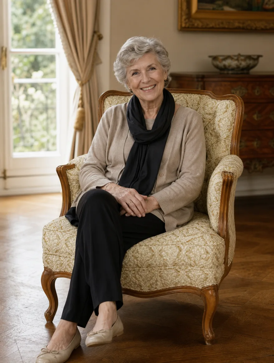 Bergère in cremefarbenem Damast mit Goldton im eleganten Salon, eine Dame sitzt aufrecht und lächelt: Möbelrestauration