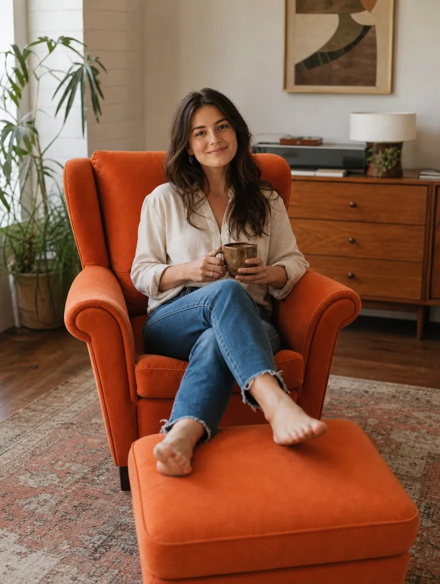 Sessel-Set in orangefarbenem Samt im Wohnzimmer im Mid-Century-Stil, eine Frau mit Tasse: Sessel neu beziehen