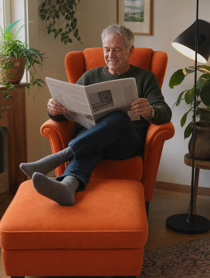 Sessel-Set in orangefarbenem Samt in der Leseecke mit Pflanzen, ein Herr liest Zeitung: Sessel neu beziehen