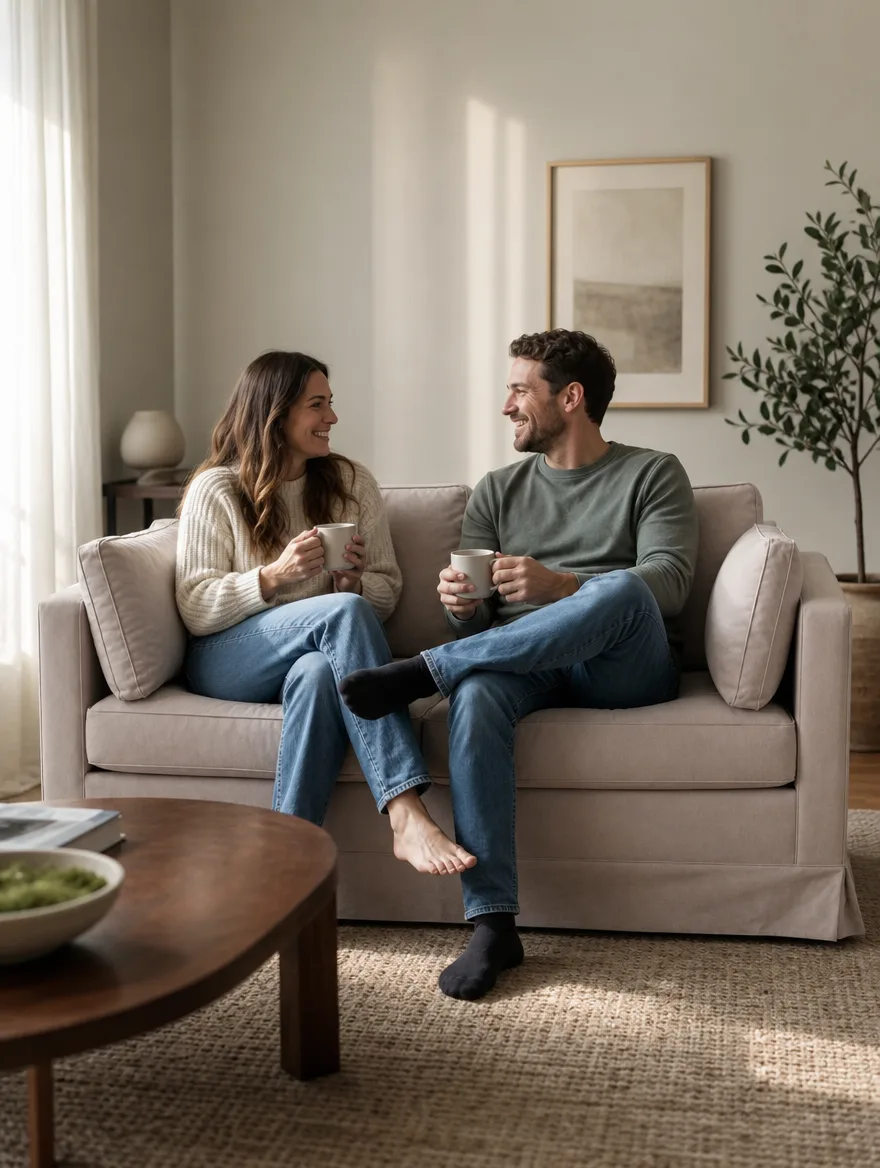 Zweisitzer in hellem Leinenstoff im hellen Wohnzimmer, ein Paar mit Tassen: Sofa neu beziehen