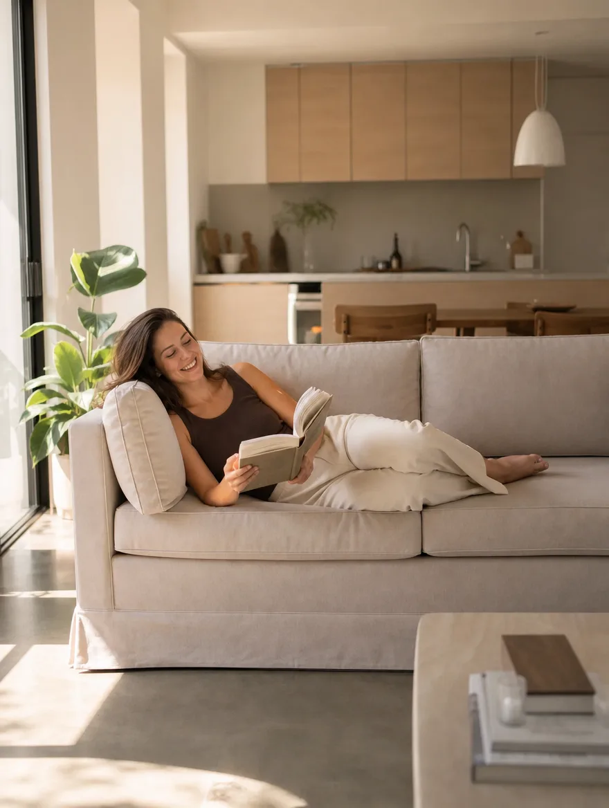 Zweisitzer in hellem Leinenstoff in der sonnigen Wohnung, eine Frau liest entspannt: Sofa neu beziehen