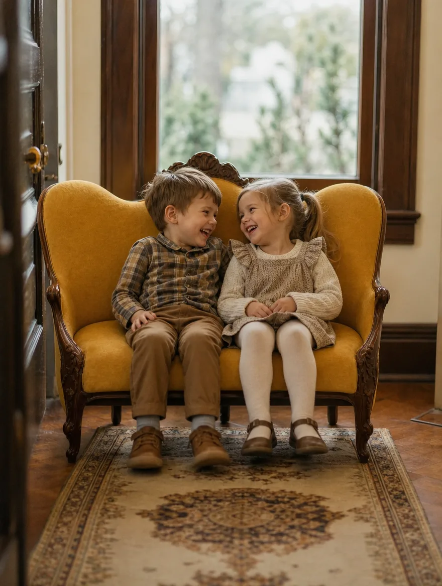Zweisitzer in senfgelbem Samt mit Schwung im Eingangsbereich am Fenster, zwei Kinder lachen: Sofa neu beziehen
