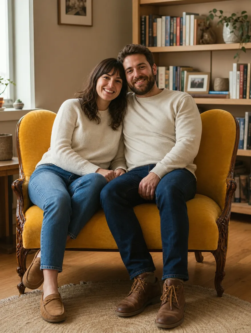 Zweisitzer in senfgelbem Samt mit Schwung im Wohnzimmer, ein Paar sitzt eng beieinander: Sofa neu beziehen