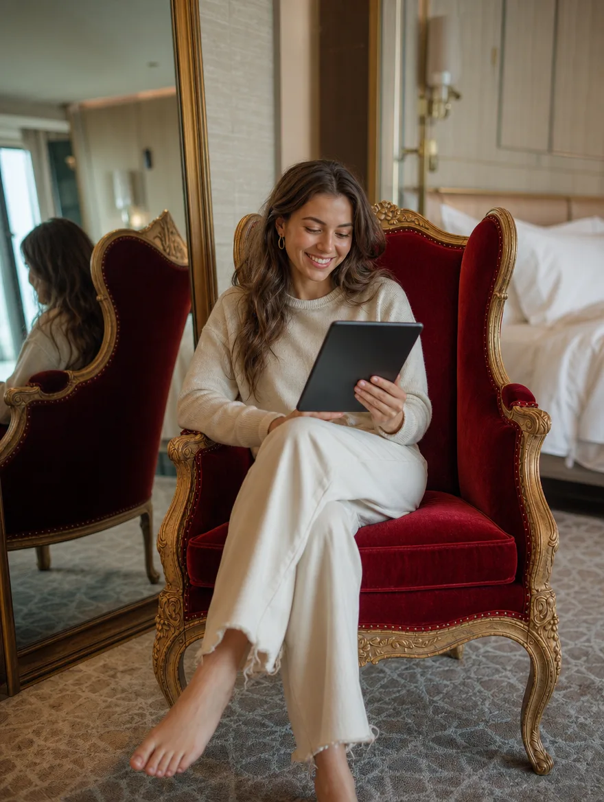 Rokoko-Sessel in rotem Samt in der Hotelsuite, eine junge Frau mit Tablet: Möbelrestauration