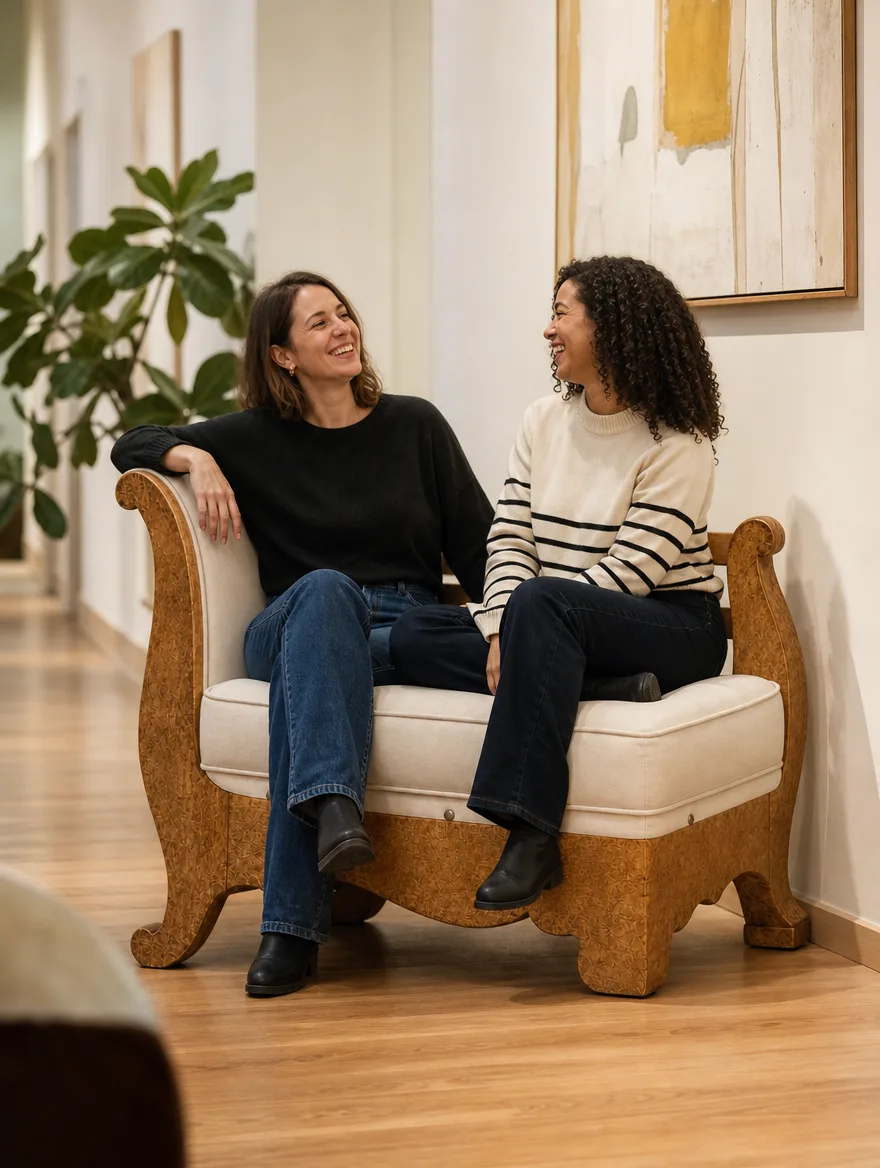 Daybed mit geschwungenen Holzseiten im Galerieflur, zwei Freunde lachen: Möbelrestauration