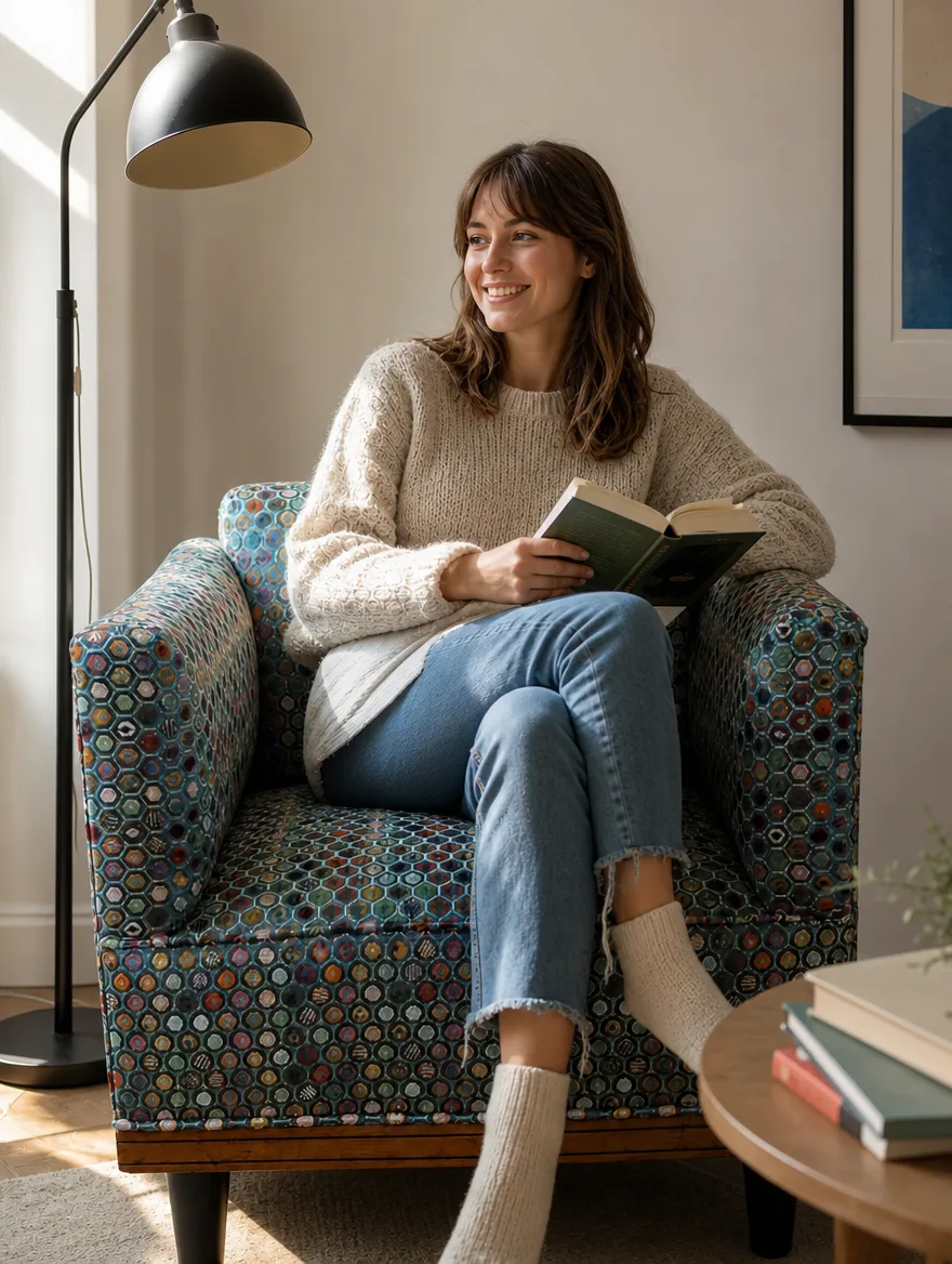 Würfelsessel mit Mosaik-Wollstoff in der hellen Leseecke, eine Frau liest lächelnd: Polstermöbel nach Mass