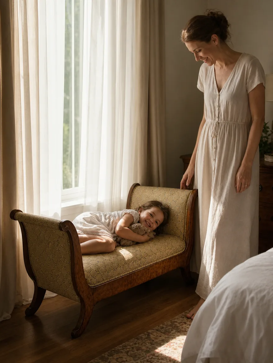 Daybed mit goldfarbenem Steppbezug im sonnigen Schlafzimmer, ein kleines Kind liegt lächelnd auf dem Daybed, die Mutter steht daneben: Antike Möbel restaurieren