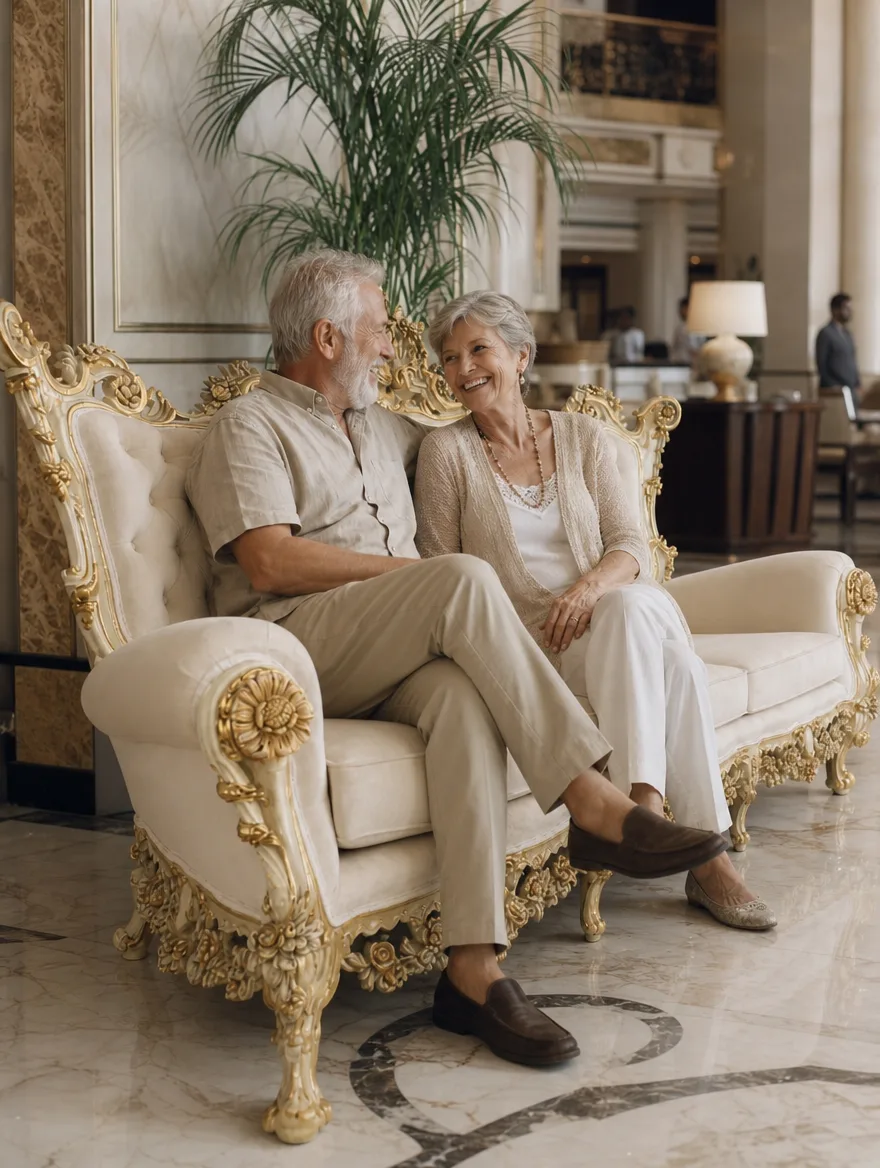 Barocksofa in Weiss und Gold in der Hotellobby, ein älteres Paar lächelt: Sofa neu beziehen