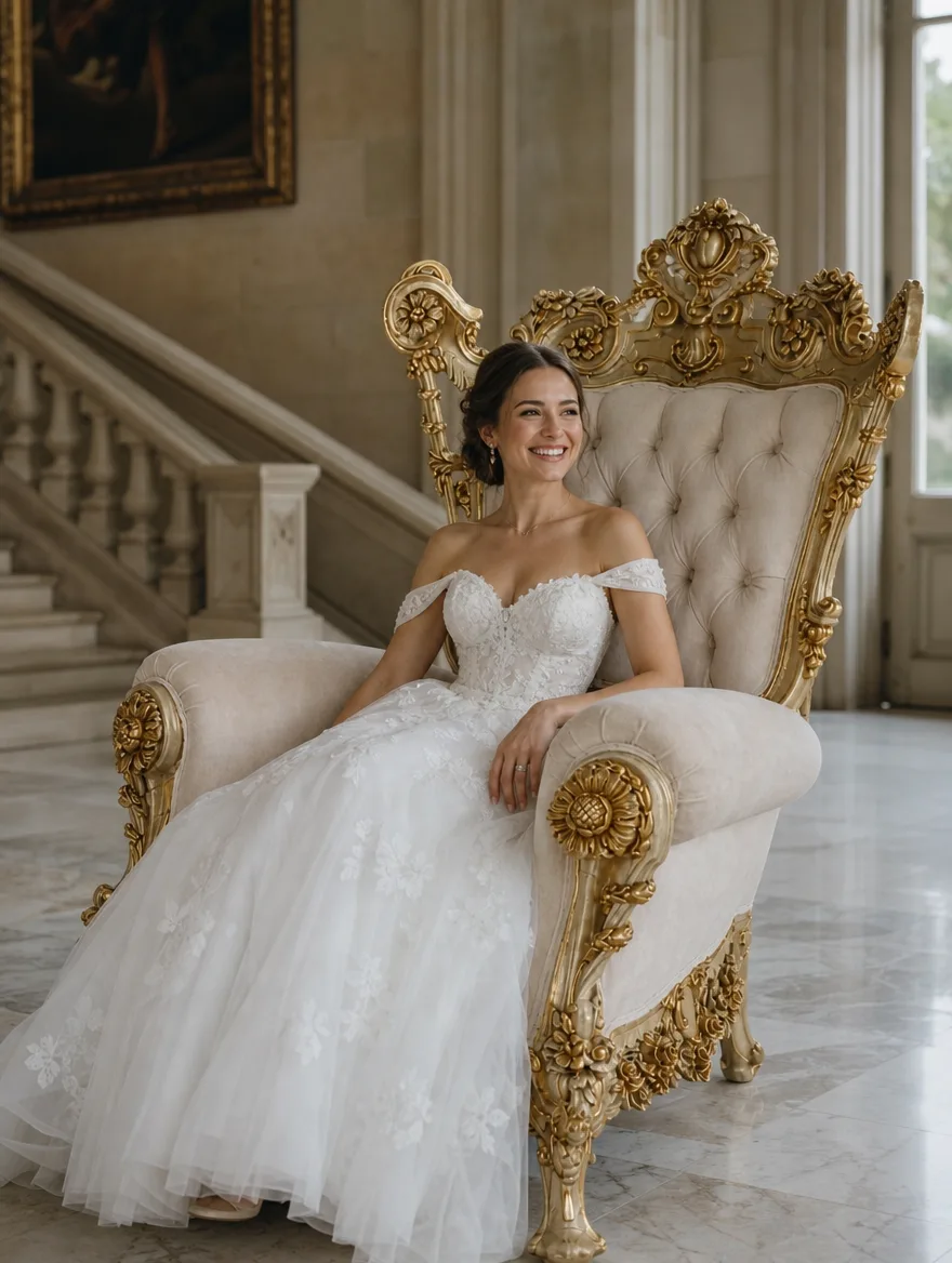 Barock-Thronsessel und Kopfteil in Weiss und Gold in der Eingangshalle, eine Braut im Hochzeitskleid lächelt: Möbelrestauration