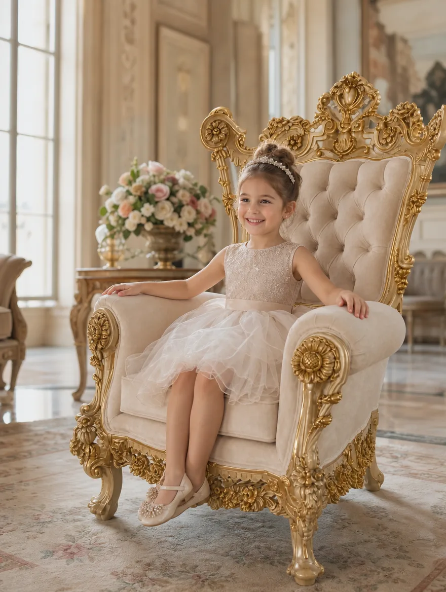 Barock-Thronsessel und Kopfteil in Weiss und Gold im Salon, ein kleines Mädchen im Festkleid strahlt: Möbelrestauration