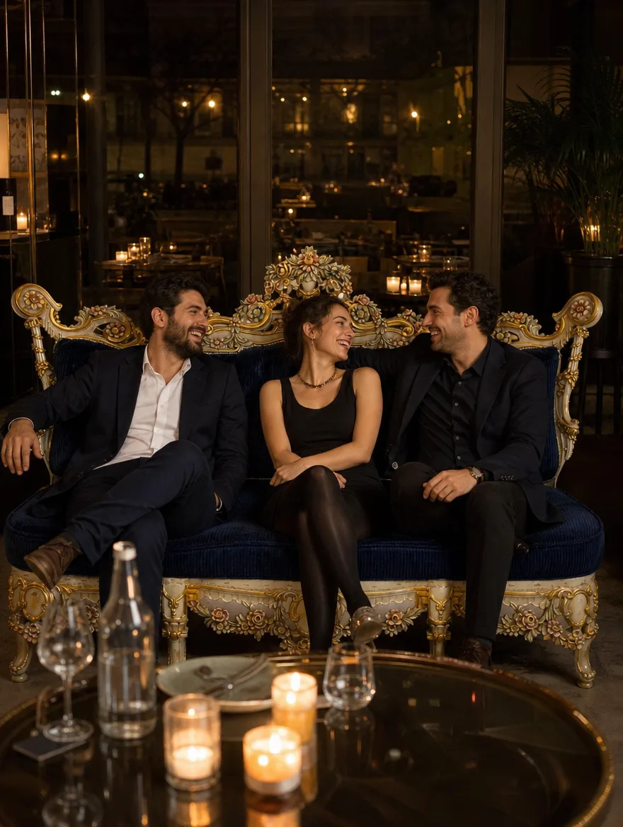Barocksofa in dunkelblauem Cord in der Restaurant-Lounge, drei Freunde lachen: Sofa neu beziehen