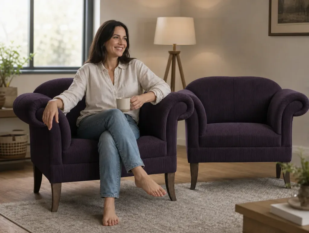 Moderne Sessel in Aubergine-Leder im modernen Wohnzimmer, eine Frau sitzt mit übergeschlagenen Beinen: Leder-Atelier
