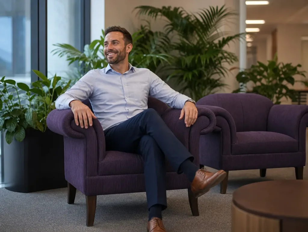 Moderne Sessel in Aubergine-Leder in der Empfangslounge eines Büros, ein Mann lächelt: Leder-Atelier