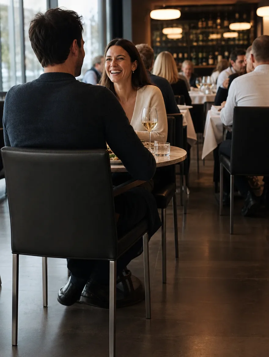 Esszimmerstuhl in schwarzem Leder mit Gurtband im modernen Restaurant, Gäste lächeln am Tisch: Stühle polstern