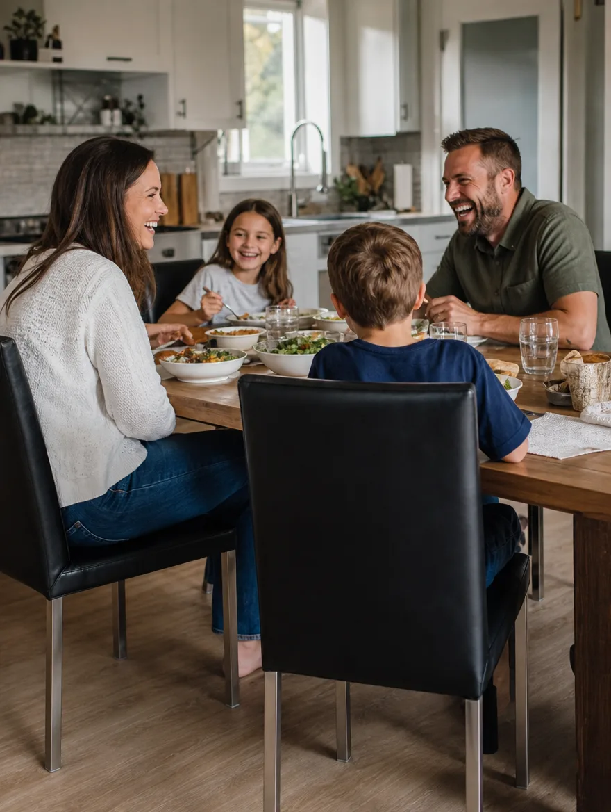 Esszimmerstuhl in schwarzem Leder mit Gurtband in der Familienküche, eine Familie lacht am Esstisch: Stühle polstern