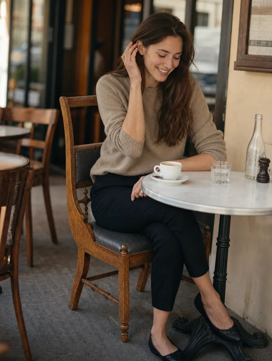 Stuhlgestell mit Gurtband-Gurtung im Detail im Bistro, eine Frau mit Kaffee lächelt: Stühle polstern