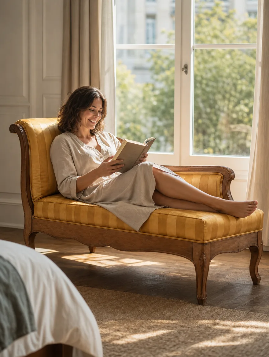 Chaiselongue in goldfarbenem Satin gestreift im sonnigen Schlafzimmer, eine Frau liegt lesend darauf: Möbelrestauration