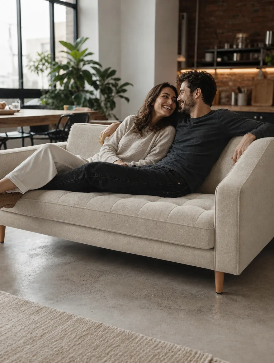 Modernes Sofa in beigem Strukturstoff mit Tuftung im Loft, ein Paar liegt lachend auf dem Sofa: Sofa beziehen lassen
