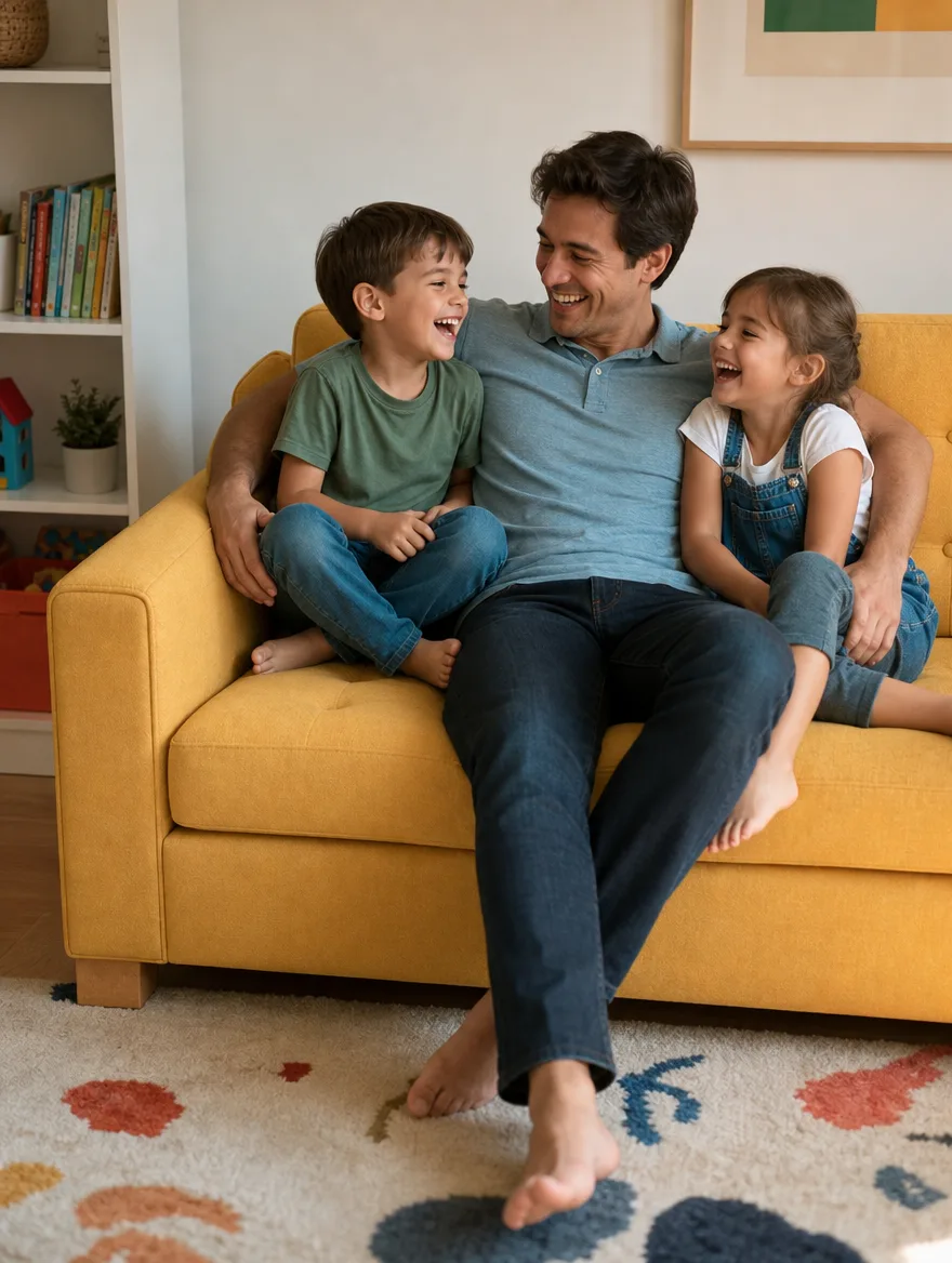 Sofa in Gelb mit neuer Schaumstoffpolsterung im verspielten Wohnzimmer, Vater und Kinder lachen: Polstergruppen beziehen