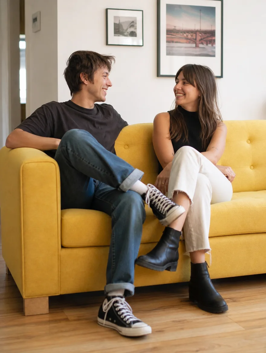 Sofa in Gelb mit neuer Schaumstoffpolsterung in der modernen Wohnung, Freunde lächeln: Polstergruppen beziehen