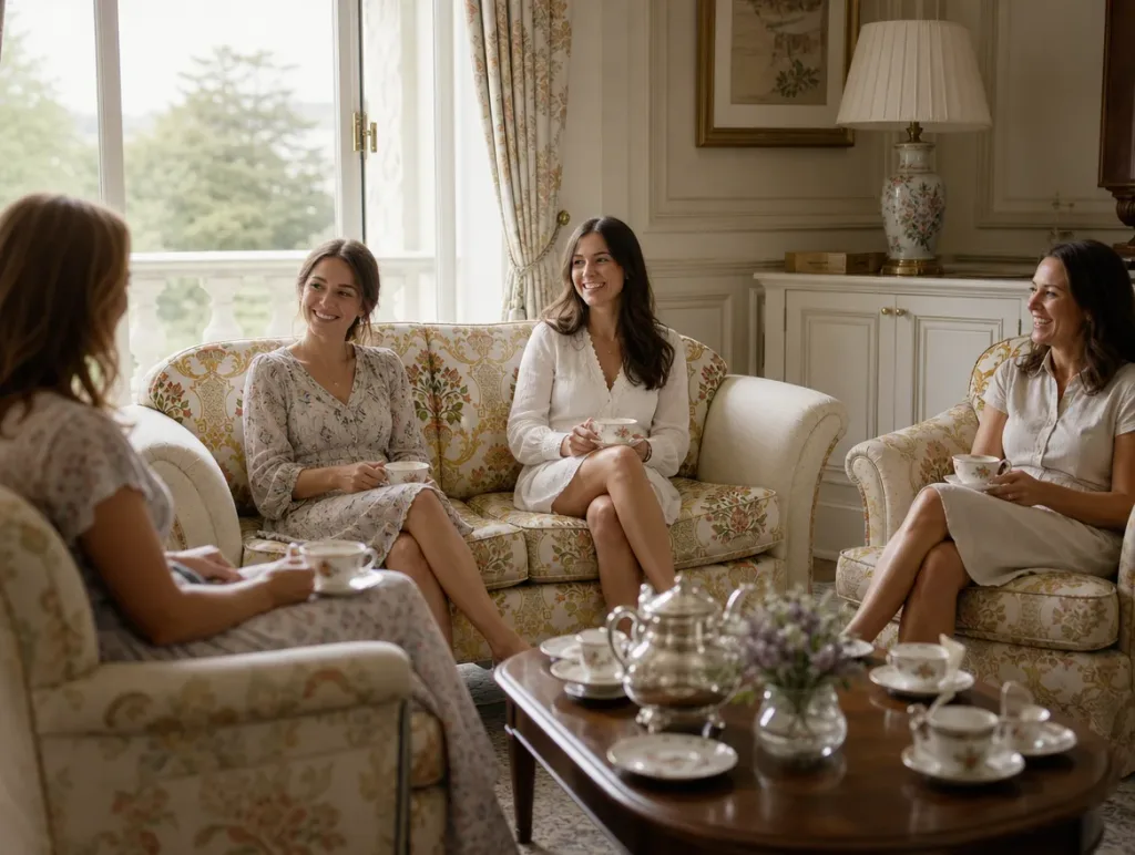 Sitzgruppe in Samt mit Blumenmedaillon im Salon mit Teeservice, Frauen unterhalten sich: Polstergruppen beziehen