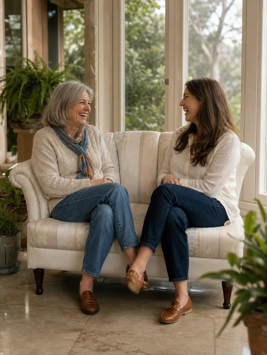 Gestreiftes Sofa mit grünem Gurtband im hellen Wintergarten, zwei Frauen lachen: Sofa reparieren