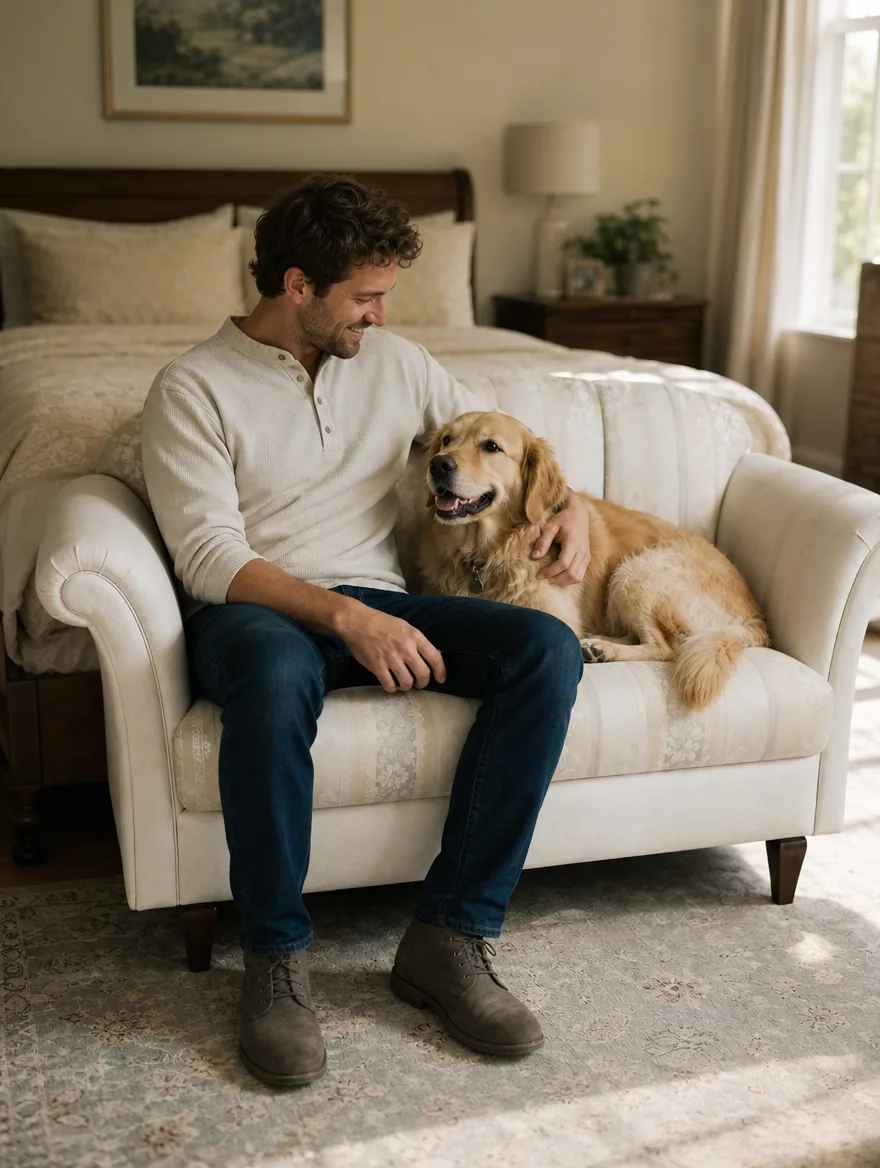 Gestreiftes Sofa mit grünem Gurtband im Sitzbereich im Schlafzimmer, ein Mann mit Hund: Sofa reparieren