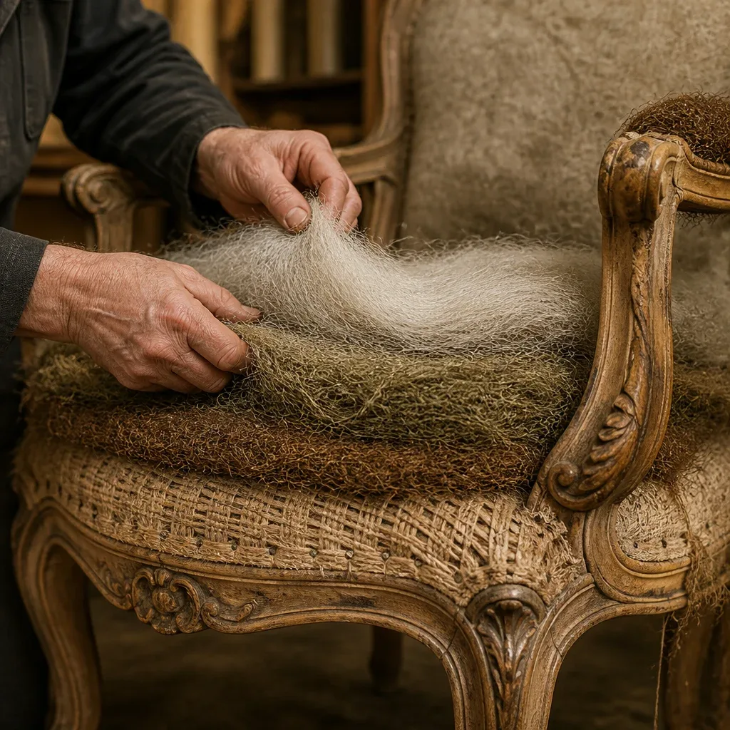 Restauration eines antiken Sessels mit Rosshaar, Jute und Gurten – Egora